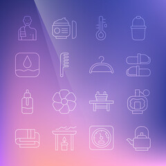 Set line Kettle with handle, Aftershave, Sauna slippers, thermometer, Hairbrush, Water drop, Man in sauna and Hanger wardrobe icon. Vector