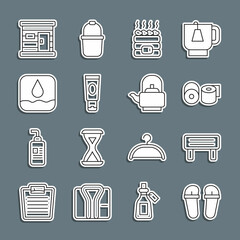 Set line Flip flops, Sauna wood bench, Toilet paper roll, Hot sauna stones, Cream or lotion cosmetic tube, Water drop, wooden bathhouse and Kettle with handle icon. Vector