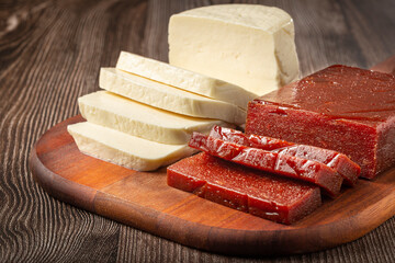 Guava jam with sliced ​​cheese on the table. Romeo e Julieta, a typical Brazilian sweet.