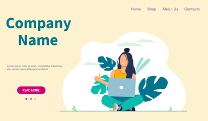 Company name with working girl on laptop and Businessman standing. Vector illustration