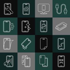 Set line Dead mobile, Mobile with broken screen, Glass protector, Phone repair service, and Smartphone battery charge icon. Vector