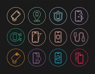 Set line Mobile with broken screen, USB cable cord, shield, Glass protector, Phone repair service, Shockproof phone, and icon. Vector