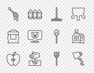 Set line Apple, Watering can, Garden rake, Seeds, Honey dipper stick, Pig, pitchfork and Pack full of seeds of plant icon. Vector