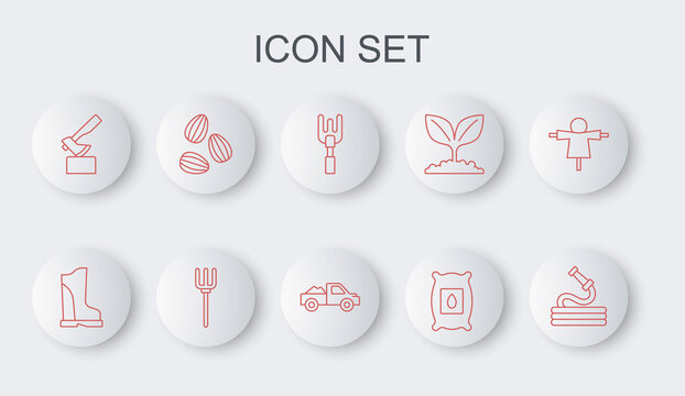 Set line Garden hose, Waterproof rubber boot, rake, Pack full seeds plant, Wooden axe, Seeds, pitchfork and Pickup truck icon. Vector