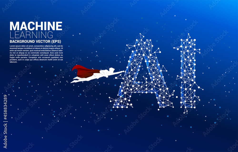Poster Silhouette of businessman fly with machine learning dot connect line background. Business concept for machine learning and a.i artificial intelligence