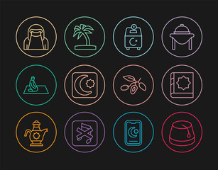 Set line Turkish hat, Holy book of Koran, Donate pay your zakat, Star and crescent, Muslim man prays, woman in niqab, Date fruit and Tropical palm tree icon. Vector