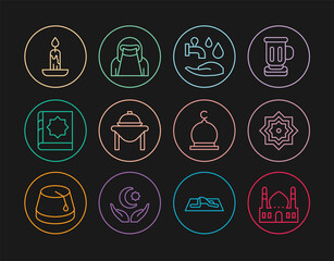 Set line Muslim Mosque, Octagonal star, Wudhu, Table food, Holy book of Koran, Burning candle, and woman niqab icon. Vector