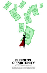 Silhouette of businessman flying with money drop from above. Concept of success investment and growth in business