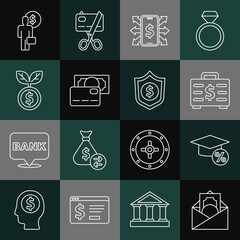 Set line Envelope with dollar symbol, Graduation cap and coin, Briefcase money, Smartphone, Credit card, Dollar plant, Business man planning mind and Shield icon. Vector