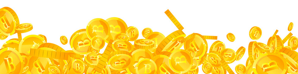 Thai baht coins falling. Captivating scattered THB coins. Thailand money. Terrific jackpot, wealth or success concept. Vector illustration.