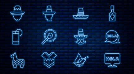 Set line Hola, Mexican sombrero, Gong, Tequila glass with lemon, man and icon. Vector © vector_v