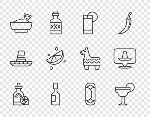 Set line Tequila bottle with lemon, Margarita cocktail, glass, Tabasco sauce, Nachos in bowl, Sliced lime, Burrito and Mexican sombrero icon. Vector