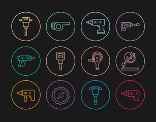 Set line Electric cordless screwdriver, Table saw for woodwork, Construction jackhammer, Angle grinder and Leaf garden blower icon. Vector