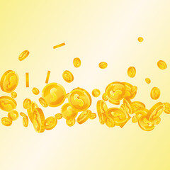 American dollar coins falling. Exquisite scattered USD coins. USA money. Extraordinary jackpot, wealth or success concept. Vector illustration.