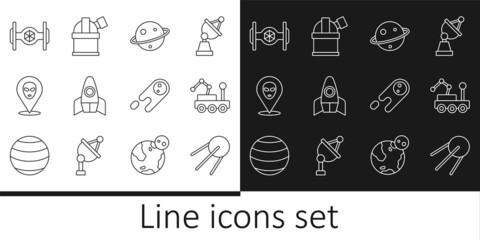 Set line Satellite, Mars rover, Planet Saturn, Rocket ship, Alien, Cosmic, Comet falling down fast and Astronomical observatory icon. Vector