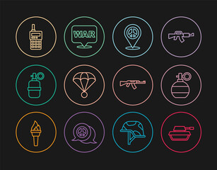 Set line Military tank, Hand grenade, Location peace, Parachute, Walkie talkie, Submachine gun and The word war icon. Vector