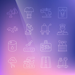 Set line Scale with suitcase, Plane, Pilot, Helicopter, Radar, UAV Drone, Warning aircraft and Trolley baggage icon. Vector