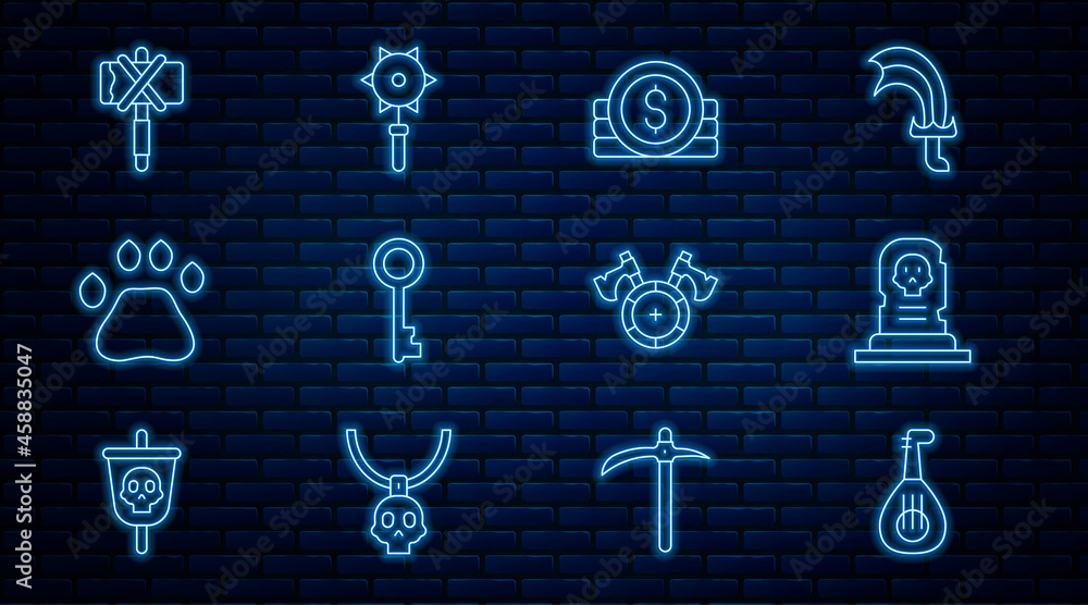 Sticker Set line Lute, Grave with tombstone, Ancient coin, Old key, Bear paw footprint, Medieval axe, shield and chained mace ball icon. Vector