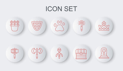 Set line Grave with tombstone, Medieval axe, Bear paw footprint, Chest, Quiver arrows, Shield, poleaxe and Magic staff icon. Vector