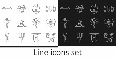 Set line Body armor, Video game bar, Witch hat, Magic wand, Arrow, staff and Medieval shield with axe icon. Vector