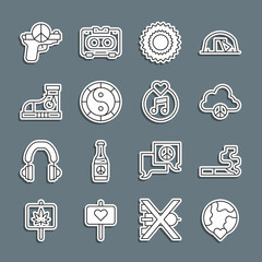 Set line The heart world - love, Cigarette, Peace cloud, Sun, Yin Yang symbol, Sneakers, No war and Vinyl disk icon. Vector