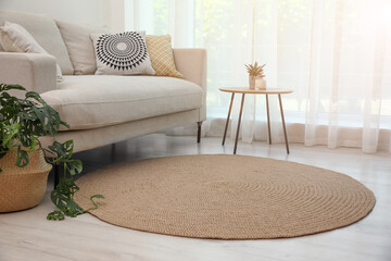 Living room interior with comfortable sofa and stylish round rug