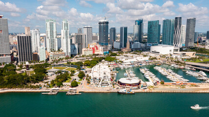 Miami, FL USA - 9-18-2021: Drone view of the vibrant Bayfront Marina in downtown Miami.