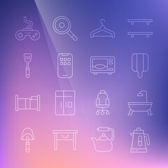 Set line Electric kettle, Bathtub, Cutting board, Hanger wardrobe, Mobile Apps, Spatula, Gamepad and Microwave oven icon. Vector