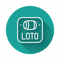 White line Lottery ticket icon isolated with long shadow background. Bingo, lotto, cash prizes. Financial success, prosperity, victory, winnings luck. Green circle button. Vector