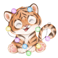 Christmas tiger, new year 2022, cute watercolor tiger