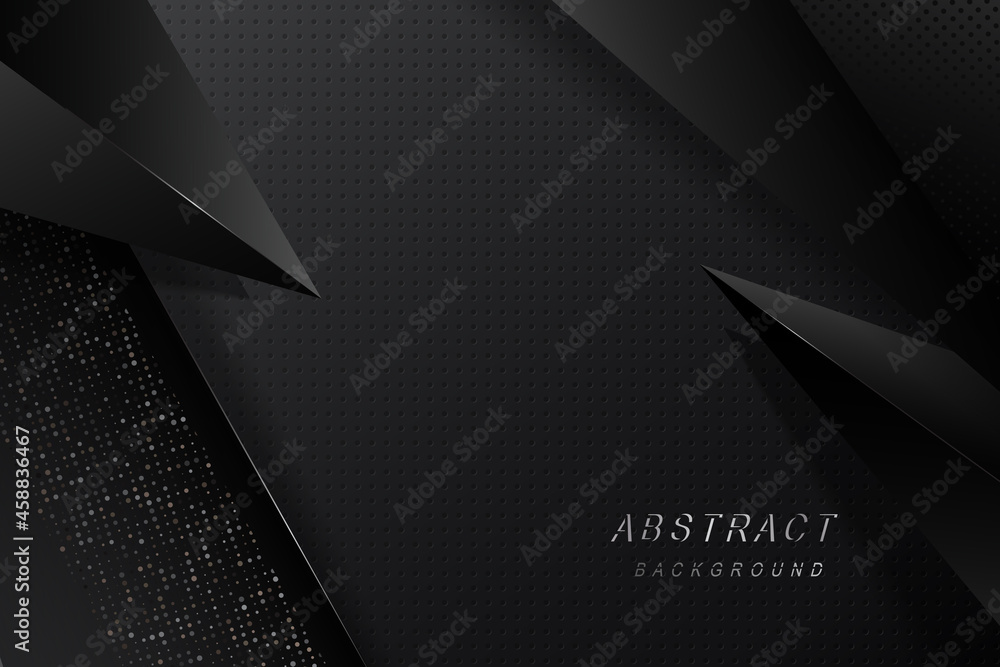 Poster tech dark abstract design with black overlap layers background. texture with metals glitters dots de
