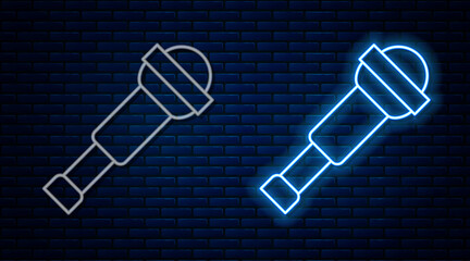 Glowing neon line Spyglass telescope lens icon isolated on brick wall background. Sailor spyglass. Vector
