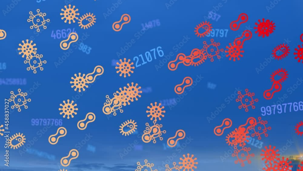 Poster animation of numbers changing over covid 19 icons and cells floating on blue background