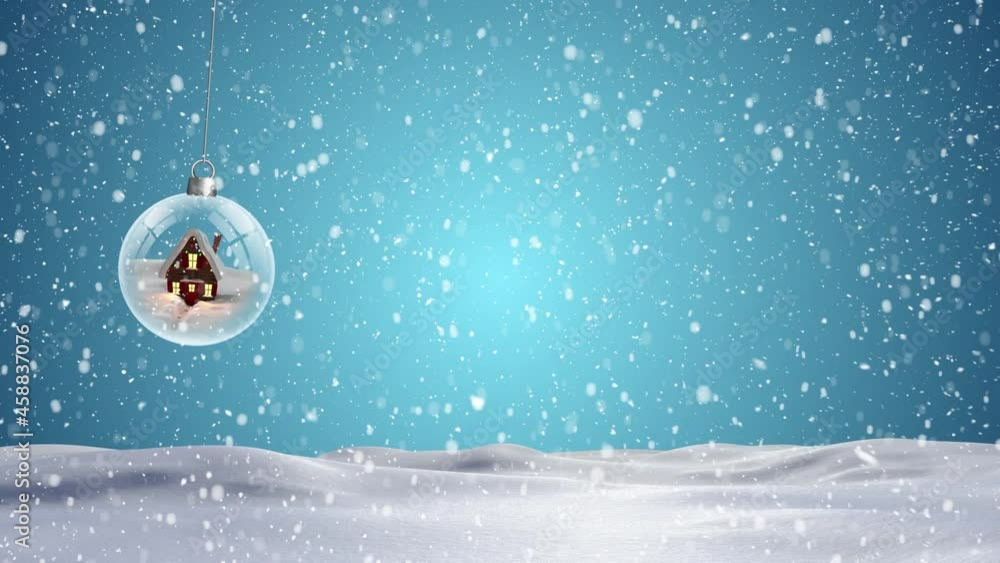 Wall mural animation of snow falling over dangling christmas bauble with house on blue background