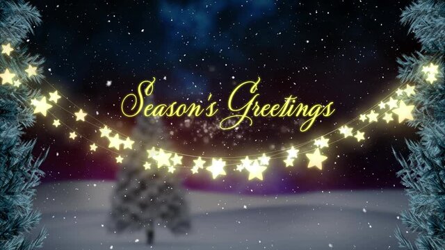 Animation of season's greetings with christmas fairy lights and snow falling over winter landscape