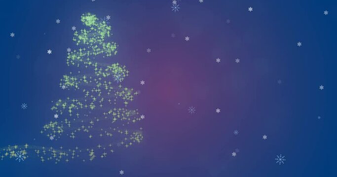 Animation of christmas tree and shooting star with snow falling on purple background