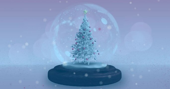 Animation of snow globe with christmas tree and shooting star with snow falling