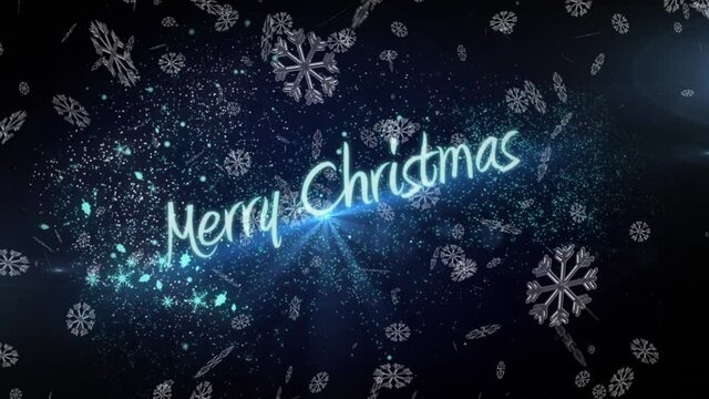Animation of merry christmas text and snowflakes falling over blue background