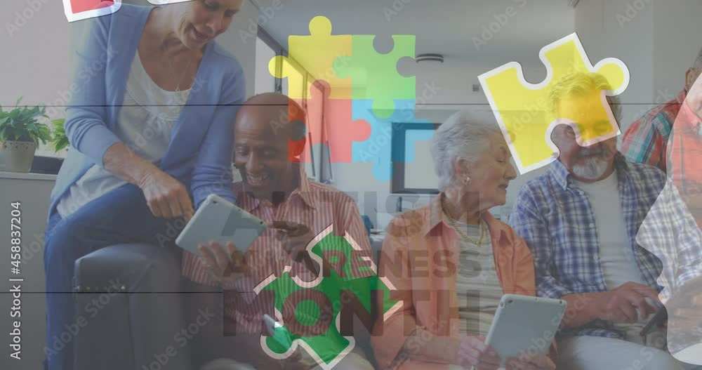 Poster animation of colourful puzzle pieces and autism text over senior friends using tablets