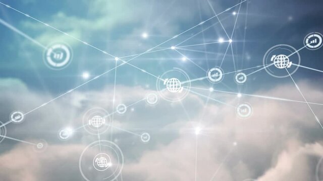 Animation of network of connections with icons over clouds