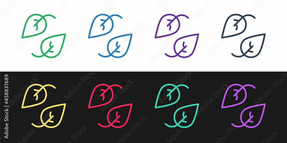 Sticker Set line Leaf icon isolated on black and white background. Leaves sign. Fresh natural product symbol. Vector