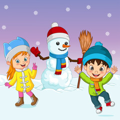 Fototapeta premium Cartoon little kids playing in the snow with snowman 