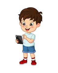 Cartoon little boy with mobile phone