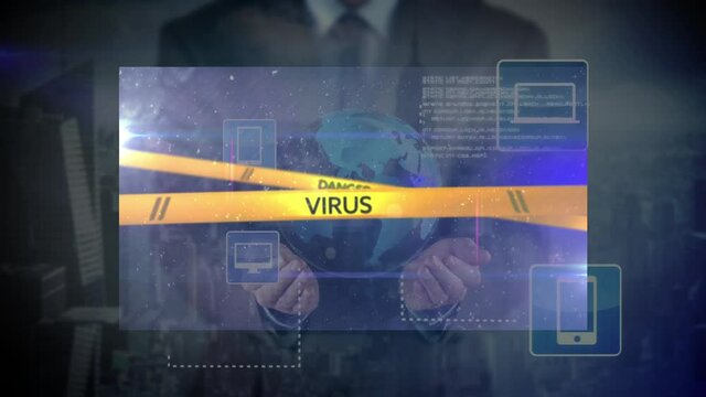 Animation of denger virus text over businessman