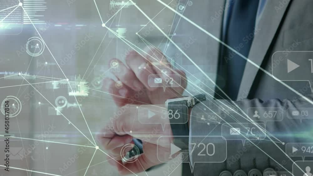 Poster animation of network of connections with icons over man using smartwatch