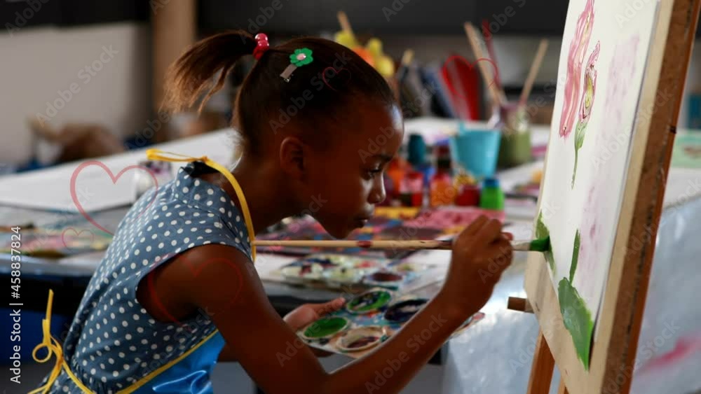 Wall mural Animation of falling hearts over african american girl painting