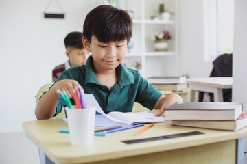 Asian elementary school boy studying in the class