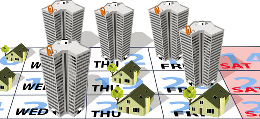 Calendar with office buildings and homes occupy different week days representing hybrid work week schedule, EPS 8 vector illustration - obrazy, fototapety, plakaty
