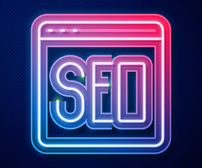 Glowing neon line SEO optimization icon isolated on blue background. Vector