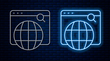 Glowing neon line Search engine icon isolated on brick wall background. Vector
